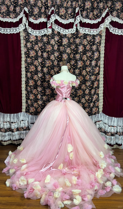 Elegant 3D Flowers Off-the-shoulder Sweet 16 Quinceanera Strapless A-Line Floor-length Prom Dress Evening Dress Ball Gown TP4388