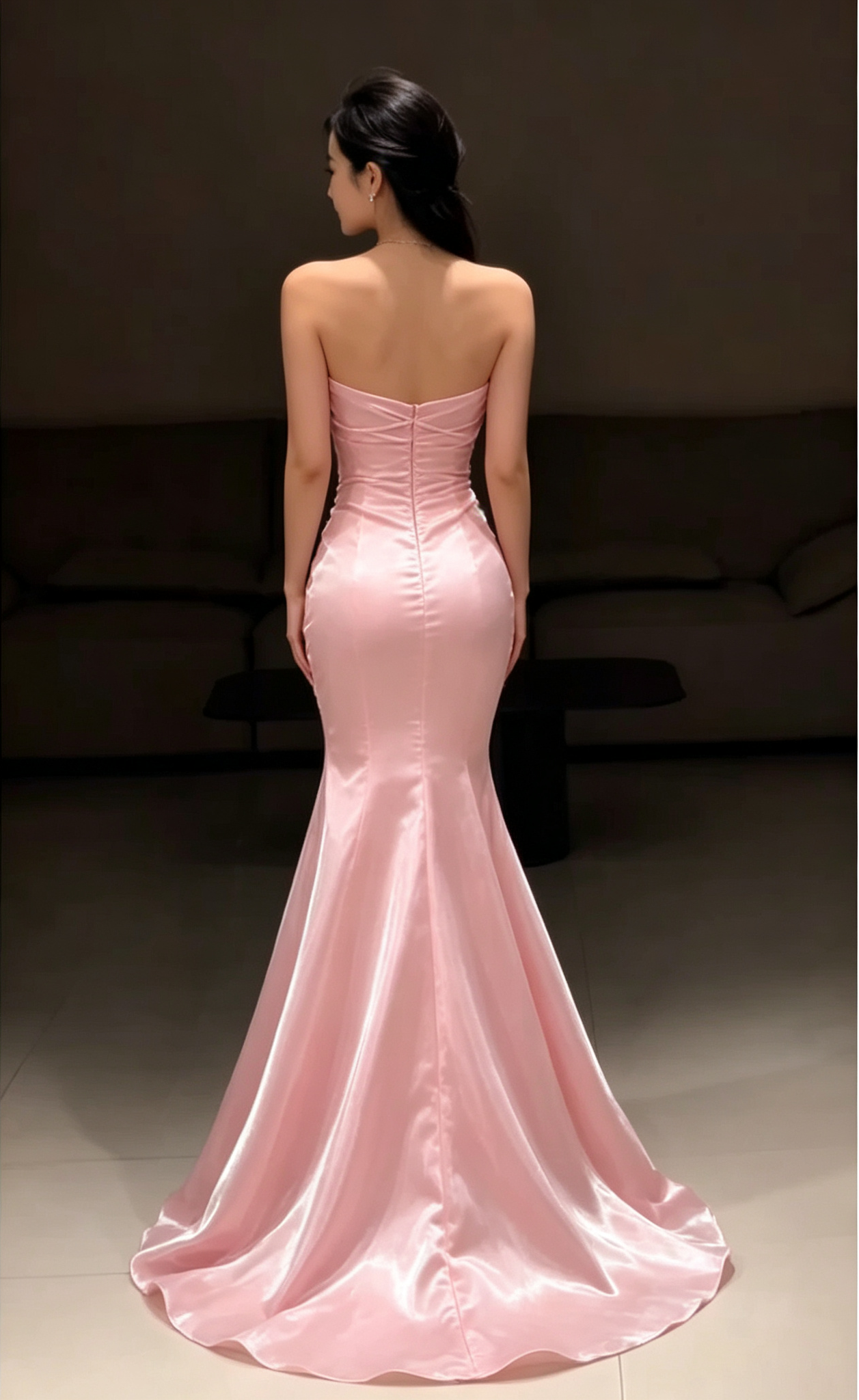 Elegant Pink Satin Strapless Mermaid Ruched Mermaid Prom Dress TP6100