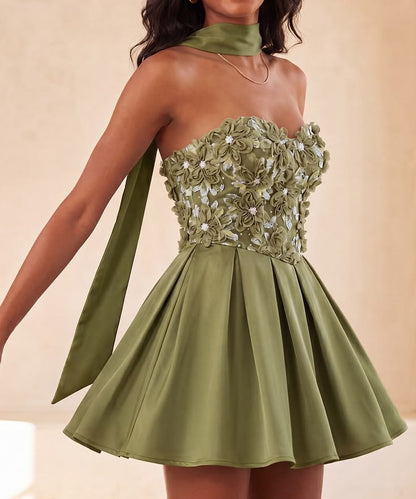 Cute 3D Floral Applique Strapless Short A-Line Satin Ribbon Homecoming Dress TP5936