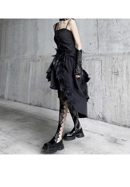 Women Fashion Black Irregular  Spaghetti Strap Dress TP2908