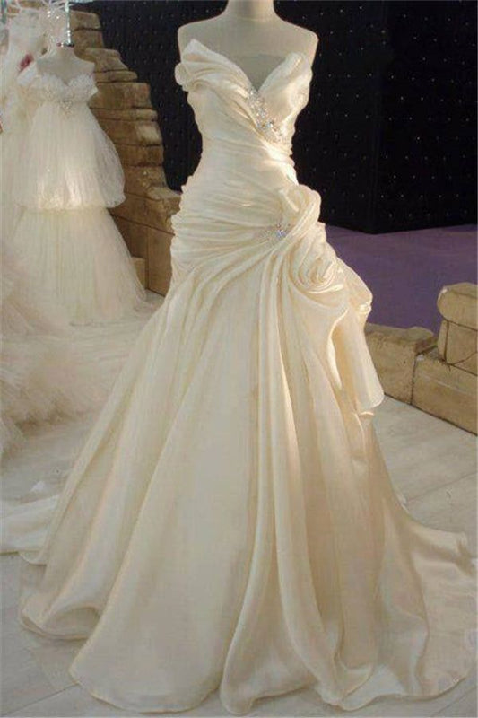 Glamorous Ivory Strapless Beaded Satin Wedding Dress A-Line Draped Bridal Gown TP5261