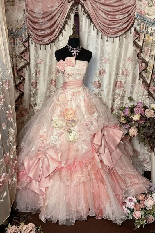 Elegant Pink Tulle Ruffled Layers & Floral Lace Sweet 16 Quinceanera Ball Gown TP5576