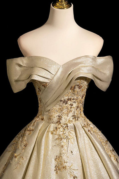 Elegant Champagne Gold Off-Shoulder Satin Beaded Embroidery Quinceanera Ball Gown TP5256