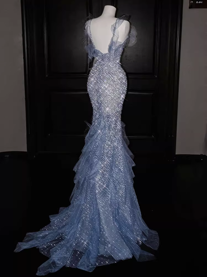 Sparkling Light Blue Sequin Tulle Evening Gown Mermaid Ruffles Prom Dress TP5666
