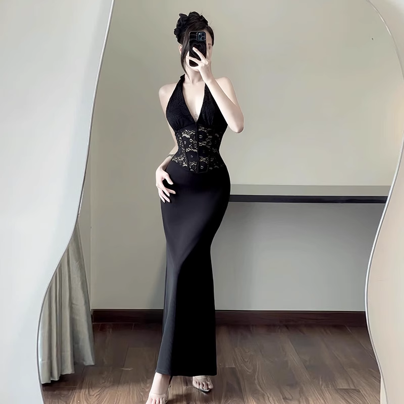 Women New Fashion Black Gauze Satin Halter Dress TP2870