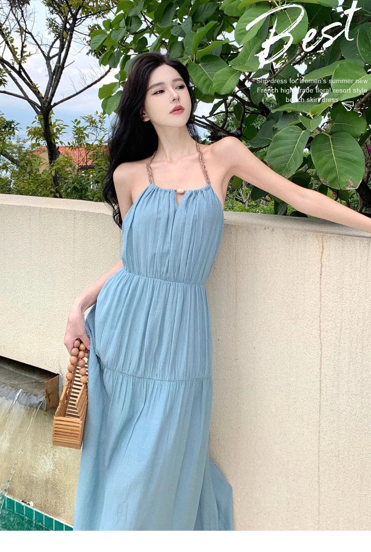 New ashion Light Blue Sleeved Backless Beach Halter Dress TP2974