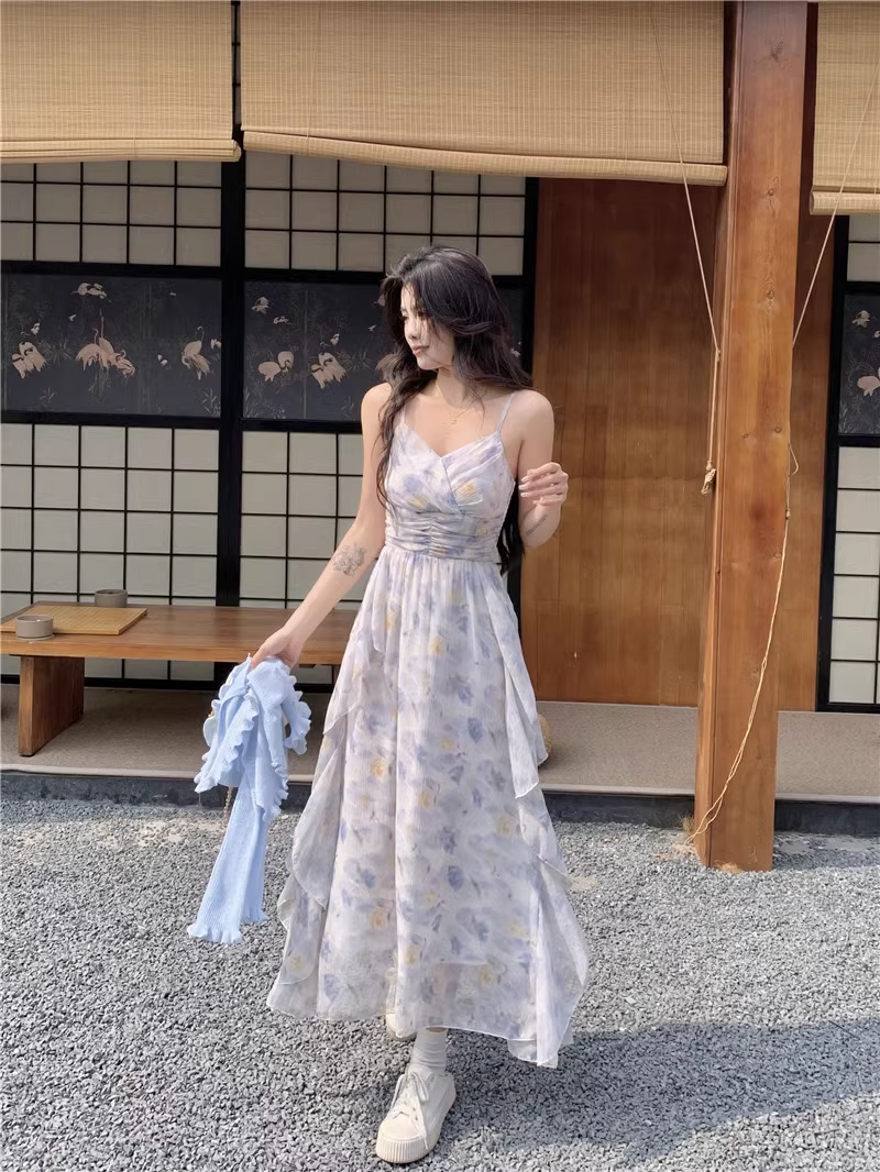 New Fashion Elegant Floral Chiffon Spaghetti Strap Dress TP2991