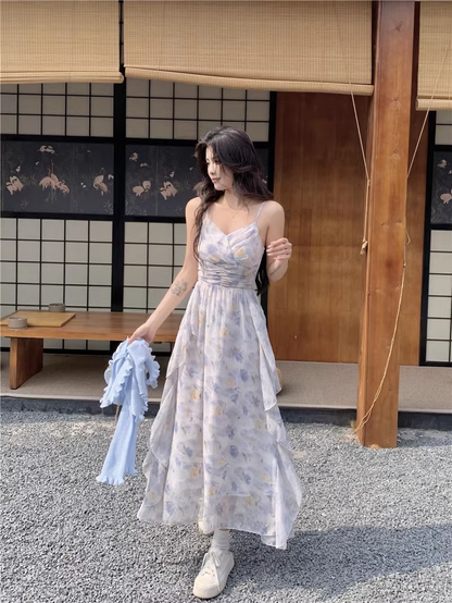 New Fashion Elegant Floral Chiffon Spaghetti Strap Dress TP2991