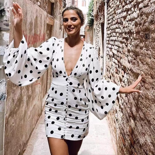 New Fashion V-neck Spot Design A-line Long-sleeved Women Party Dress TP3896