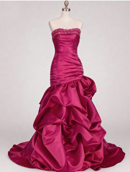 Vintage Fuchsia Strapless Satin Mermaid Gown Beaded Ruffled Formal Evening Gown TP5547