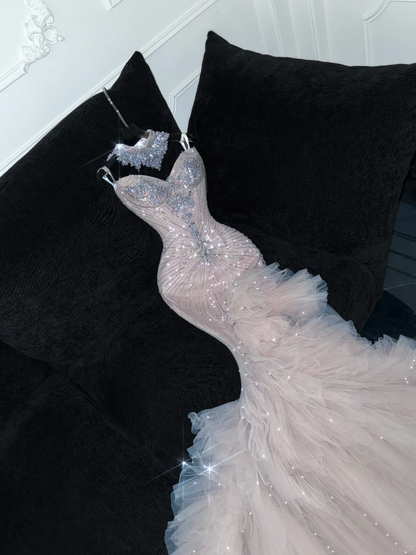 Shiny Beaded White Sweetheart Tulle Sequin Design Elegant Mermaid Floor-length Wedding Dress TP4190