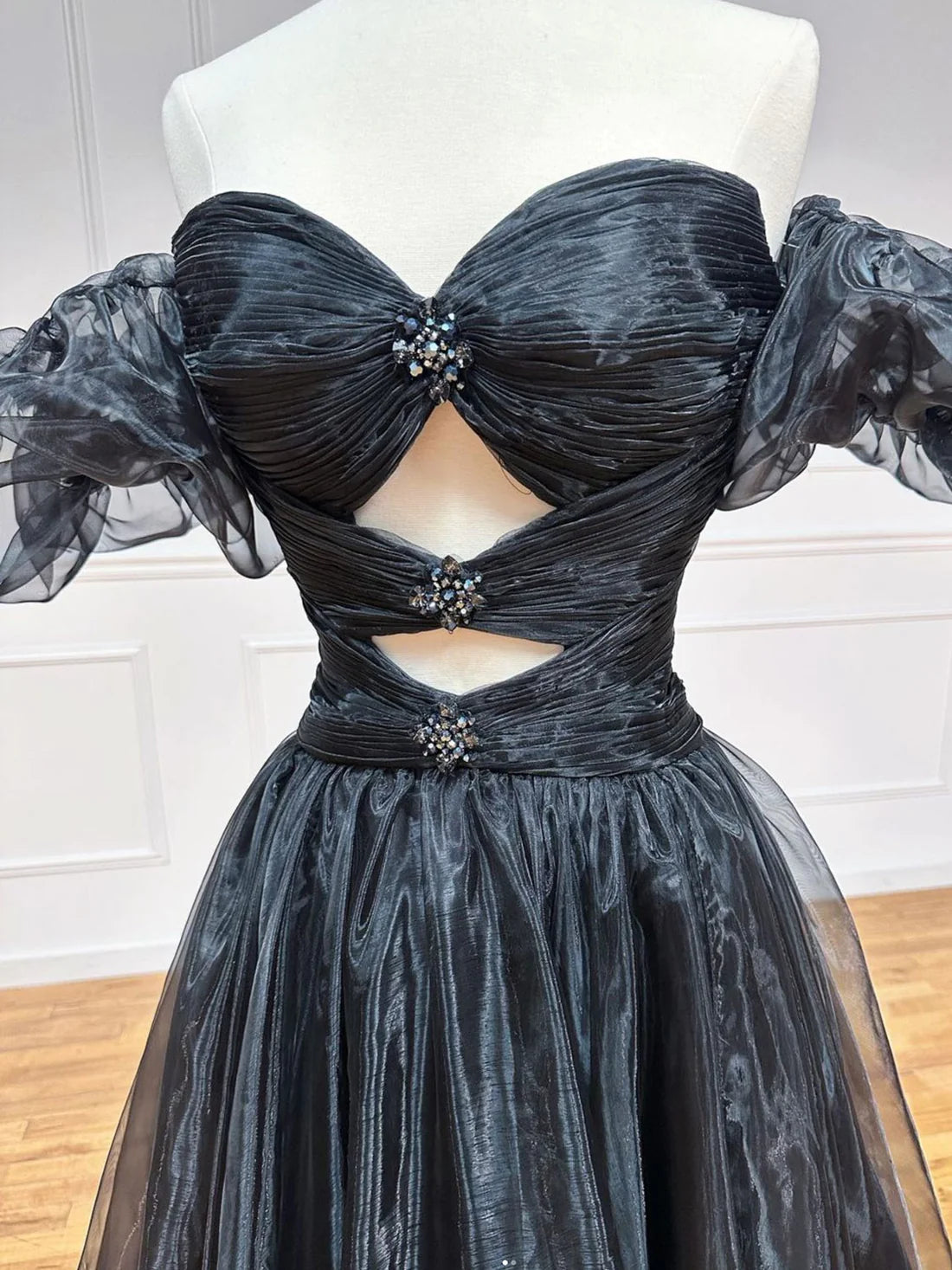 Black A-Line Off Shoulder Tulle Long Prom Dress, Black Formal Evening Dress TP33