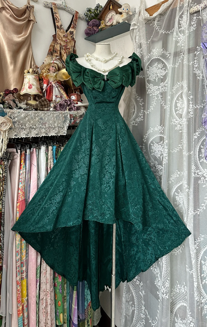Vintage Dark Green Off-the-shoulder Irregular Hem Design A-Line Applique Prom Dress Evening Dress TP4208