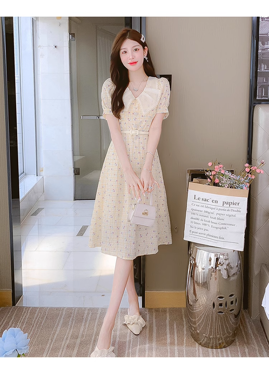 New Simple Short Sleeves Floral Design A-Line Dress TP3040