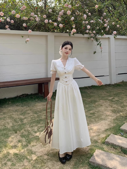 Simple Fashion White V-neck Design Elegant A-line Short-sleeved Dress TP3356
