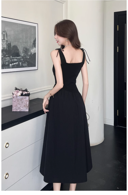 Simple Fashion Black Sleeveless Waist-cinching Design A-line Vest Dress TP3380
