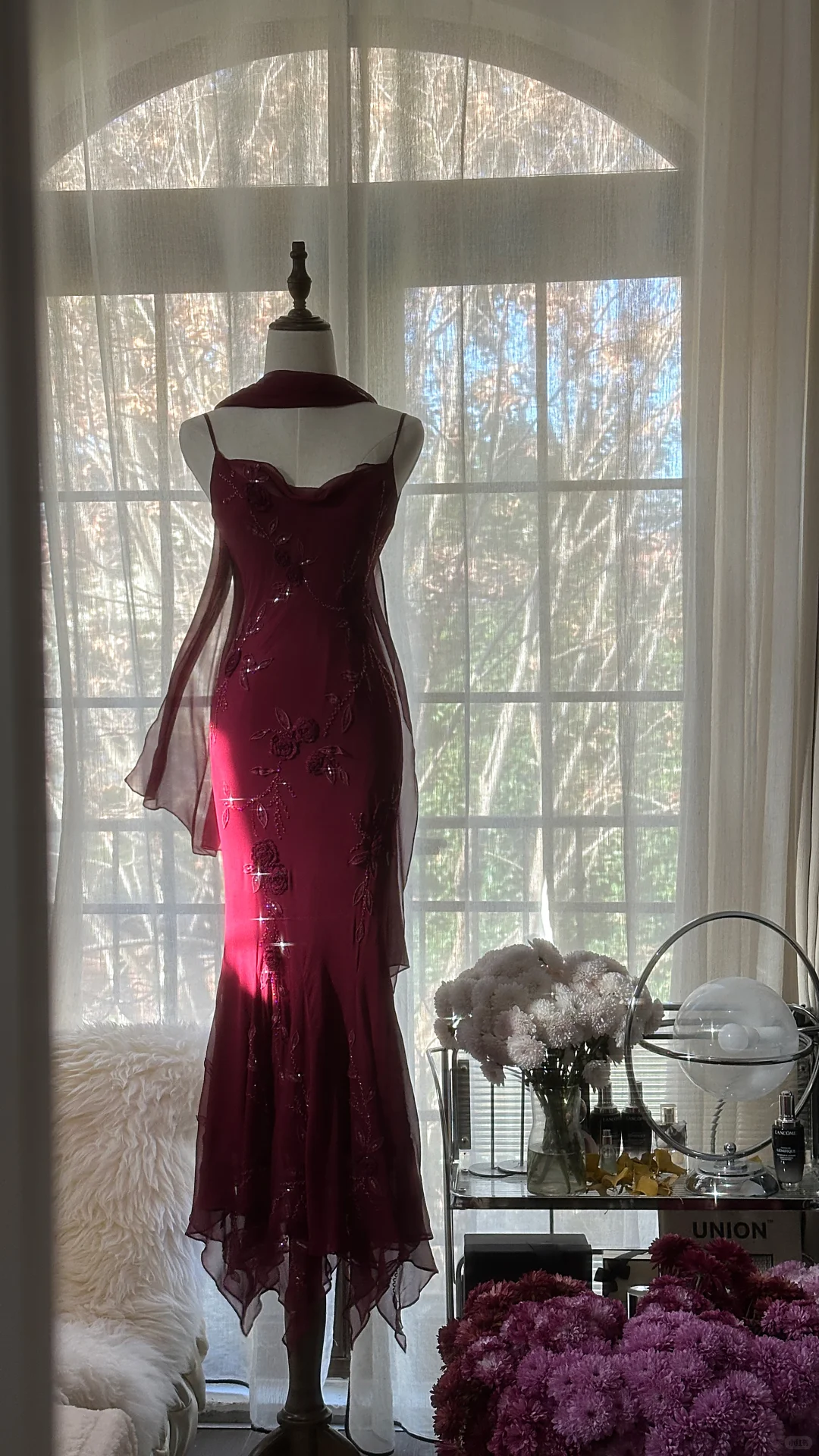 Elegant Burgundy Spaghetti Strap Gorgeous Beaded Sparkling Chiffon Evening Dress Prom Dres TP3973