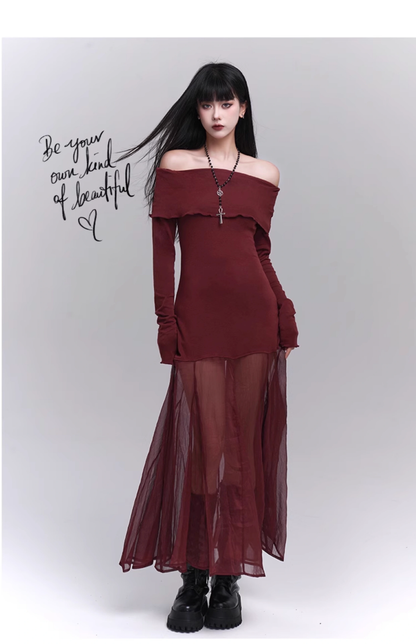 Elegant Design Sense Wine Red Velet Long-sleeved Dress TP2924