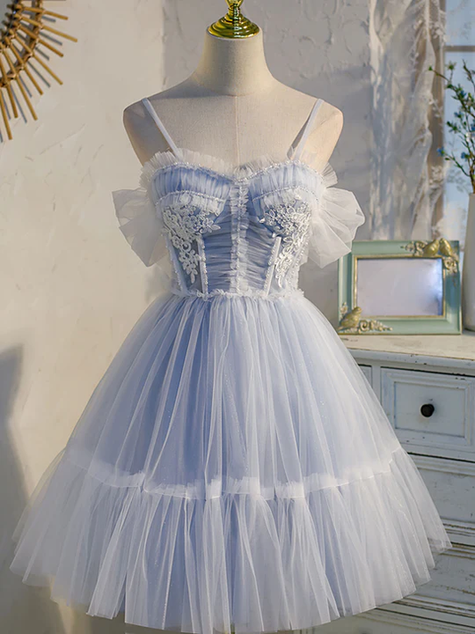 Vintage Light Blue Applique Sweetheart Spaghetti Strap Design A-line Tulle Party Dress Homecoming Dress TP4070