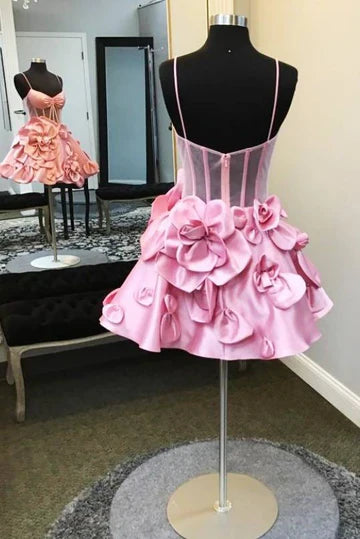 Charming Pink 3D Floral Design A-line Spaghetti Strap Homecoming Dress TP3583