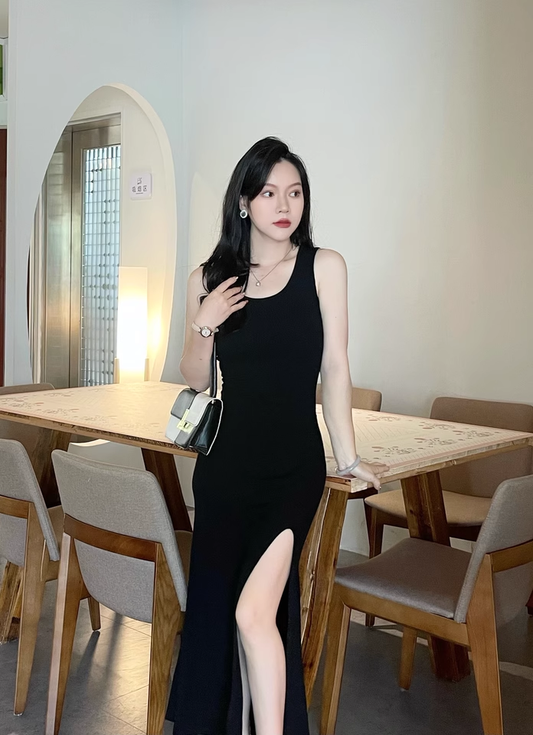 New Fashion Black Sleeveless Elegant Split Spaghetti Strap Dress TP2981