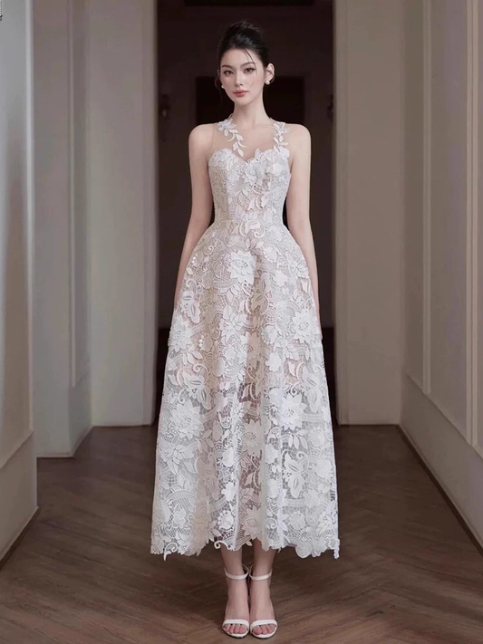 Vintage White Lace Applique Prom Dress Sheath Evening Dress Long Formal Dress TP4631