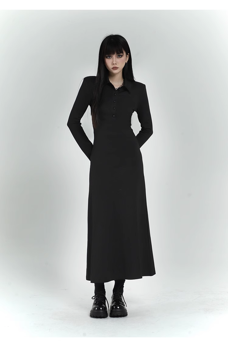New Fashion Design POLO Style Women Black Long-sleeved Dress TP2937