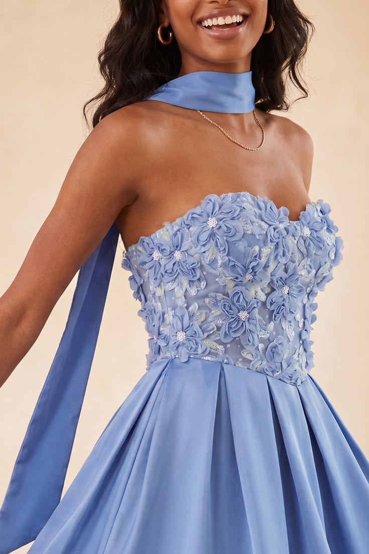 Cute 3D Floral Applique Strapless Short A-Line Satin Ribbon Homecoming Dress TP5936