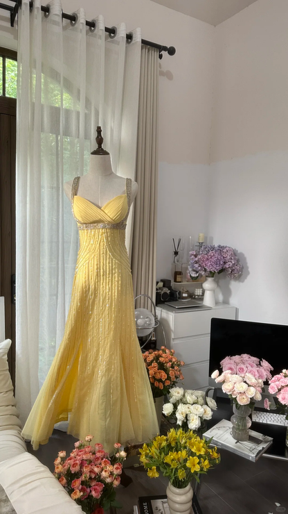 Retro Yellow Shiny Backless Design A-line Elegant Chiffon Evening Dress Prom Dress TP3997