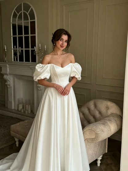 Elegant Ivory Off-the-Shoulder Puff Sleeve Satin Sweetheart A-Line Wedding Dress TP5959