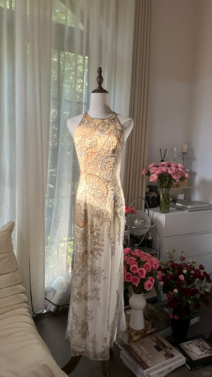 Retro Golden Sparkling Beaded Halter Dress Elegant Chiffon Evening Dress Prom Dresses TP3986