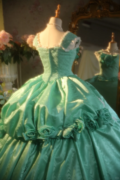 Vintage Turquoise Satin 3D Rose Applique Lace-Trimmed  Sweet 15 Quinceanera Ball Gown TP5513