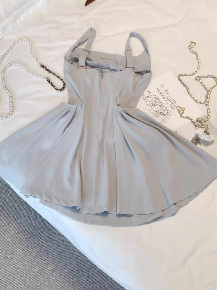 New Simple Square Collar Design A-line Sleeveless Spaghetti Strap Dress TP3282