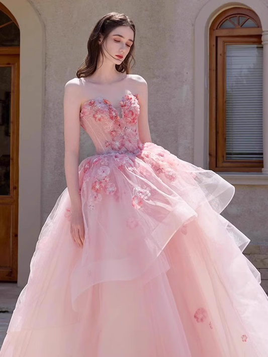 Vintage Pink Applique Beaded Strapless Sweet 16 Quinceanera Sweetheart A-Line Floor-length Prom Dress Birthday Dress Evening Dress Ball Gown TP4843