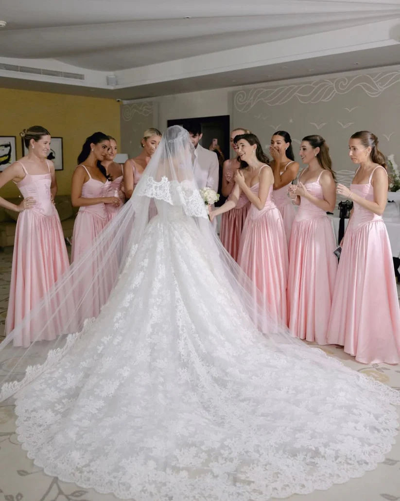 Beautiful Pink Spaghetti Strap Sweetheart A-Line Satin Party Dress Bridesmaid Dress TP4291