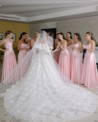 Beautiful Pink Spaghetti Strap Sweetheart A-Line Satin Party Dress Bridesmaid Dress TP4291