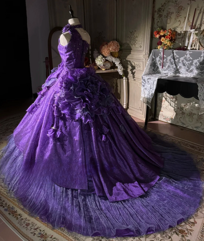 Vintage Purple One-Shoulder Ruffled Ball Gown Glitter Tulle Floral Embellished Formal Dress TP5130