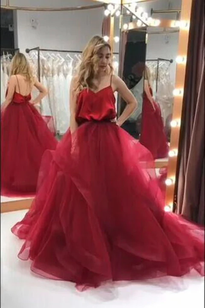 Gorgeous Burgundy Tulle Spaghetti Strap V-Neck A-Line Quinceanera Ball Gown TP5844