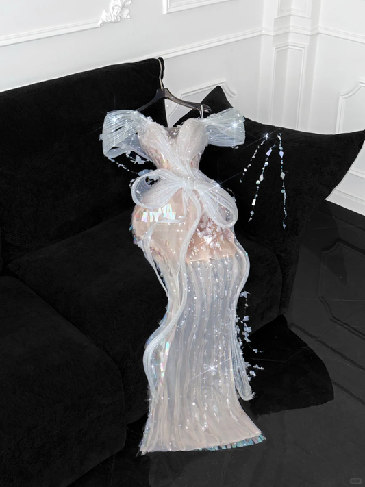 Vintage Sparkling Champagne Sequin Off-the-shoulder Sheath Elegant Chiffon Evening Dress Prom Dresses TP4153