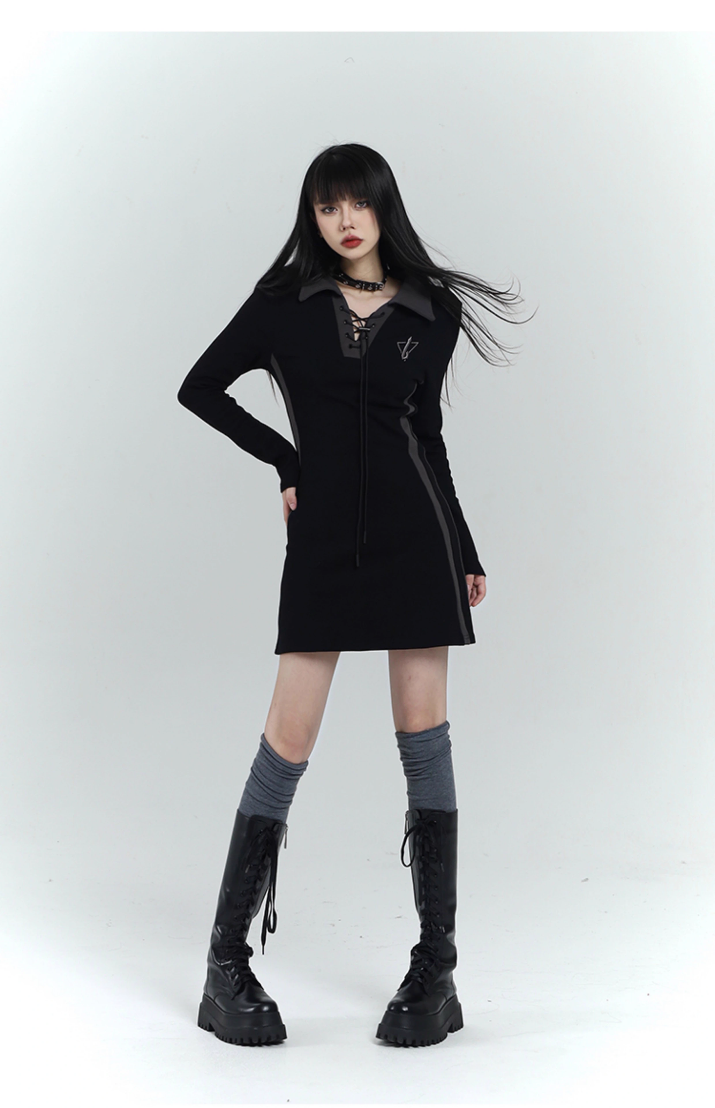New Fashion Design Sense Short Black Long-sleeved Dress TP2935