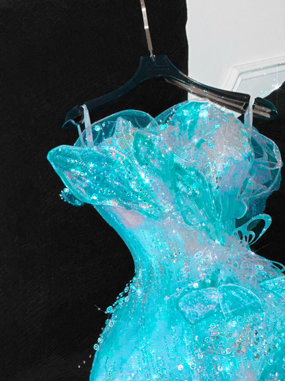 Gorgeous Sparkling Blue Beaded Sequin Mermaid Elegant Chiffon Tulle Evening Dress Prom Dresses TP4142