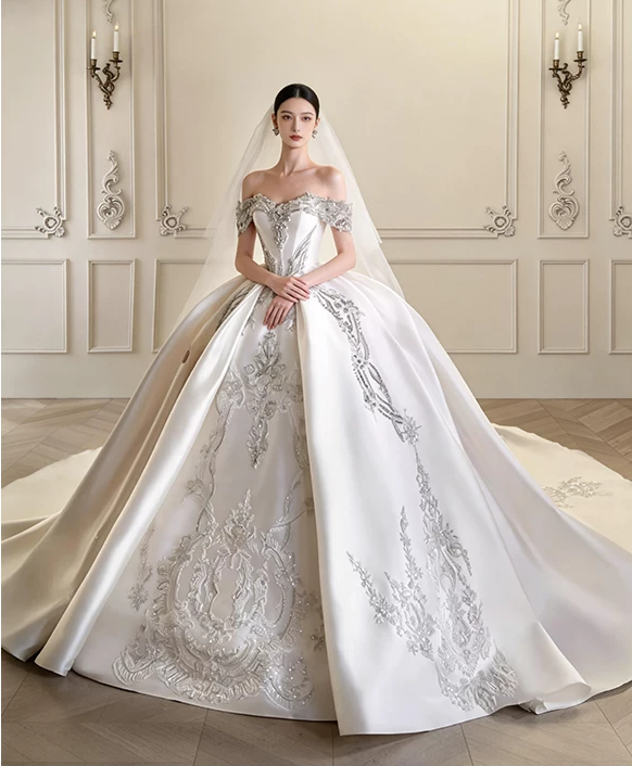 Elegant Off‑the‑Shoulder Satin Silver Beaded Lace Appliques Cathedral Train A-Line Wedding Dress TP6132