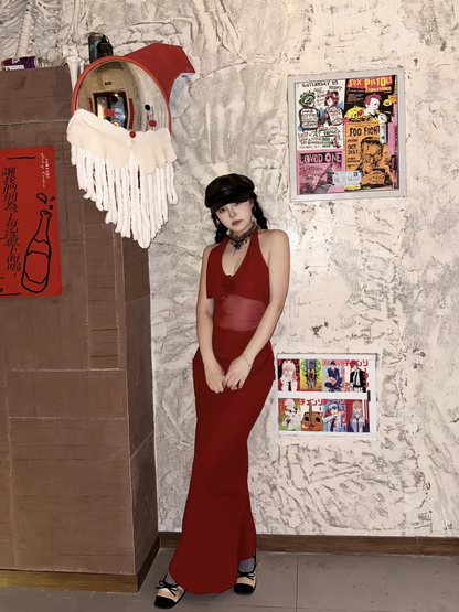 Women Simple Red Sexy Fashion Halter Dress TP2868