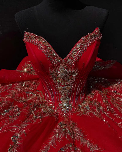 Elegant Red Sweetheart Golden Embroidered Sequins Quinceanera Ball Gown TP5243