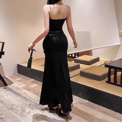 Gorgeous Black Spaghetti Strap Waist Chain Mermaid Long Prom Dress Evening Dress TP4355