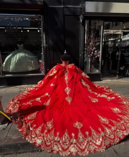 Elegant Red Sweetheart Golden Embroidered Sequins Quinceanera Ball Gown TP5243