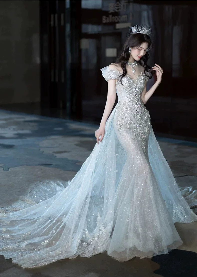 Elegant Off‑the‑Shoulder Sparkly Mermaid Beaded Lace Glitter Tulle Cathedral Train Wedding Dress TP6126