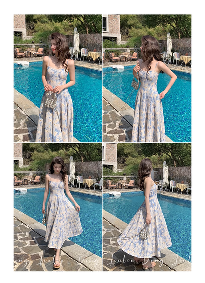 Design Sense Blue Painting Long Dress Holiday Beach Floral Spaghetti Strap Dress TP2960