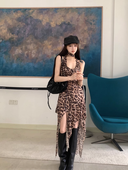 New Fashion Leopard Print Irregular Hem Design A-line Halter Dress TP3425