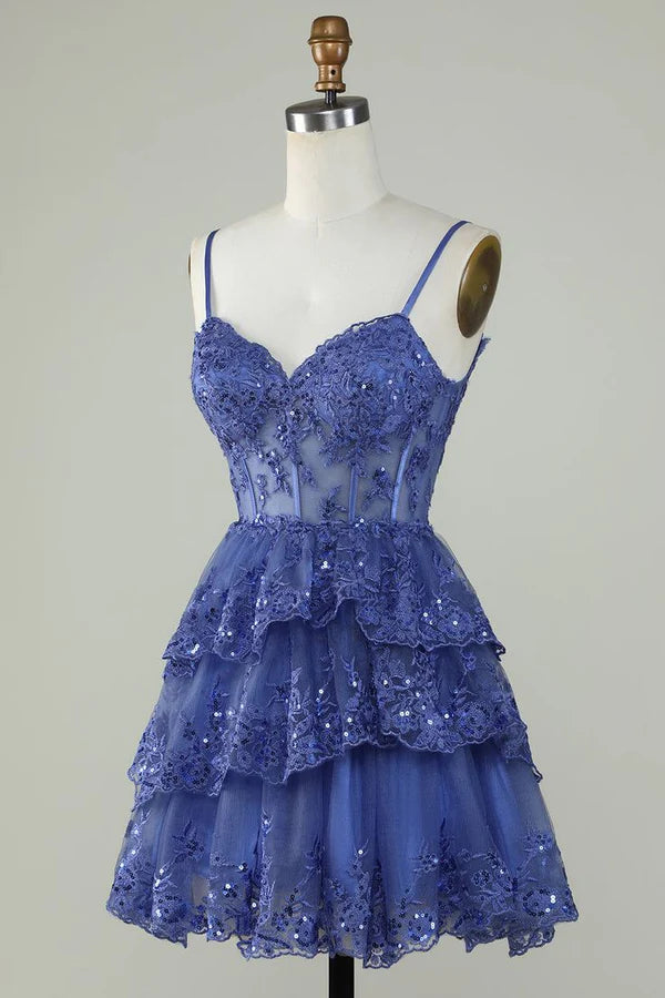 Gorgeous Navy Blue Sequined Corset Design A-line Spaghetti Strap Homecoming Dress TP3594
